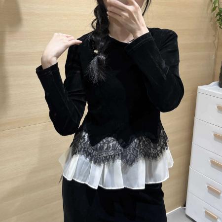 FA40298# 新款秋季丝绒拼蕾丝荷叶边时尚长袖气质小衫百搭上衣遮肉显瘦 服裝批發女裝批發服飾貨源