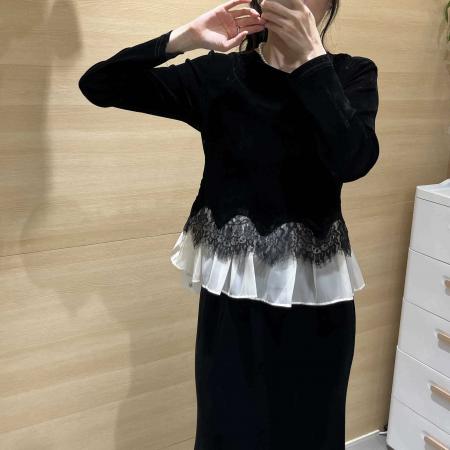 FA40298# 新款秋季丝绒拼蕾丝荷叶边时尚长袖气质小衫百搭上衣遮肉显瘦 服裝批發女裝批發服飾貨源