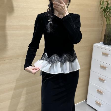 FA40298# 新款秋季丝绒拼蕾丝荷叶边时尚长袖气质小衫百搭上衣遮肉显瘦 服裝批發女裝批發服飾貨源