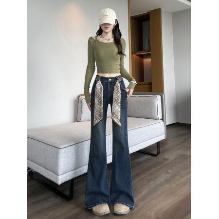 FA40311# 美式微喇牛仔裤女秋季新款高腰不贴腿弹力直筒喇叭长裤子 服裝批發女裝批發服飾貨源