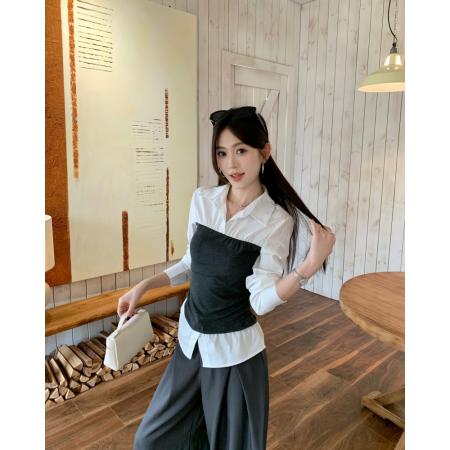 FA40315# 秋季高智感假两件收腰长袖衬衫撞色修身显瘦上衣 服裝批發女裝批發服飾貨源