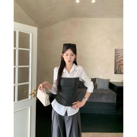 FA40315# 秋季高智感假两件收腰长袖衬衫撞色修身显瘦上衣 服裝批發女裝批發服飾貨源
