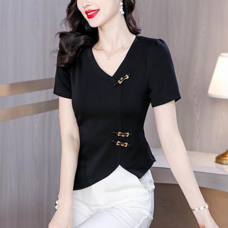 FA40328# 小个子短袖T恤女士减龄盘扣上衣夏季新款洋气甜美小衫修身体恤衫 服裝批發女裝批發服飾貨源