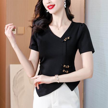 FA40328# 小个子短袖T恤女士减龄盘扣上衣夏季新款洋气甜美小衫修身体恤衫 服裝批發女裝批發服飾貨源