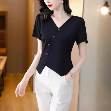 FA40329# V领黑色短袖女t恤夏季新款大码女装宽松显瘦开叉上衣 服裝批發女裝批發服飾貨源