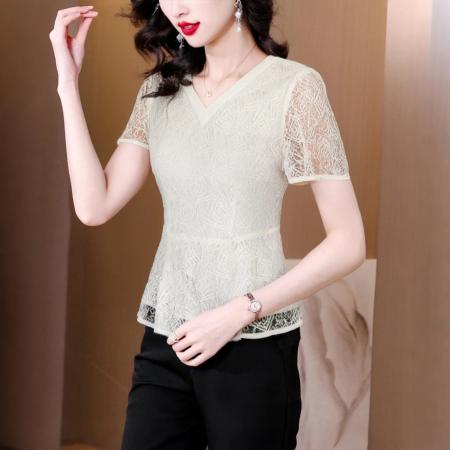 FA40330# 高端蕾丝衬衫女夏季新款设计感收腰衬衣短袖上衣 服裝批發女裝批發服飾貨源