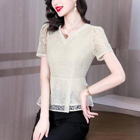 FA40330# 高端蕾丝衬衫女夏季新款设计感收腰衬衣短袖上衣 服裝批發女裝批發服飾貨源