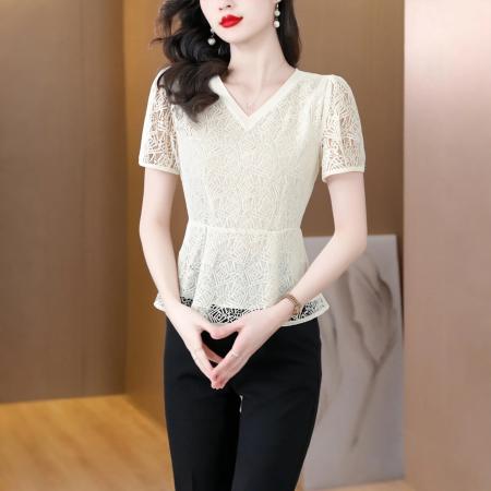 FA40330# 高端蕾丝衬衫女夏季新款设计感收腰衬衣短袖上衣 服裝批發女裝批發服飾貨源