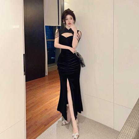 FA40335# 新中式黑色高级感性感改良版旗袍连衣裙气质晚礼服鱼尾包臀裙 服裝批發女裝批發服飾貨源