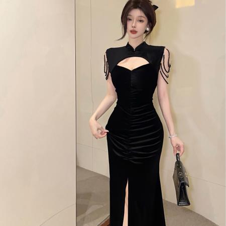 FA40335# 新中式黑色高级感性感改良版旗袍连衣裙气质晚礼服鱼尾包臀裙 服裝批發女裝批發服飾貨源