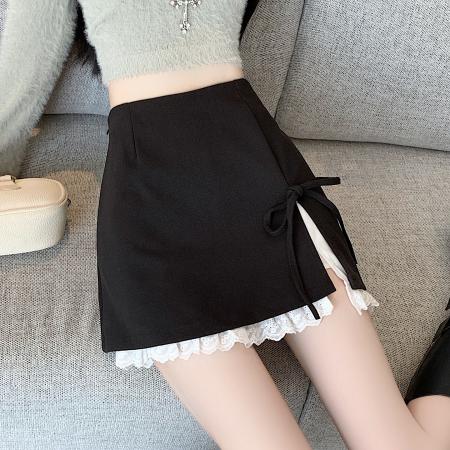 FA40337# 甜美蝴蝶结系带毛呢半身裙女秋冬季设计感花边防走光包臀短裙 服裝批發女裝批發服飾貨源