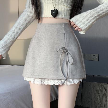 FA40337# 甜美蝴蝶结系带毛呢半身裙女秋冬季设计感花边防走光包臀短裙 服裝批發女裝批發服飾貨源