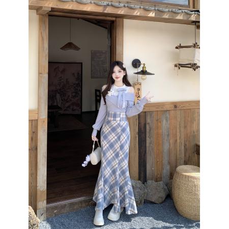 FA40344# 雾蓝小熊千金感格纹包臀半身鱼尾裙女秋假两件蓝上衣 服裝批發女裝批發服飾貨源