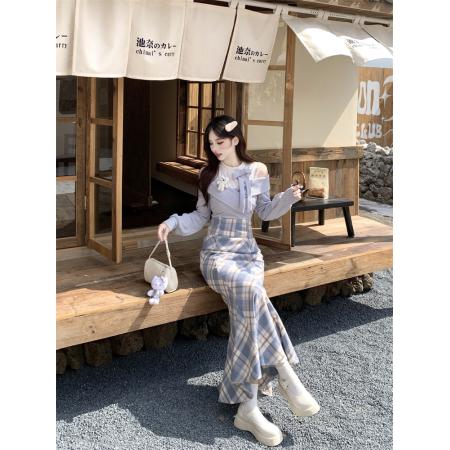 FA40344# 雾蓝小熊千金感格纹包臀半身鱼尾裙女秋假两件蓝上衣 服裝批發女裝批發服飾貨源