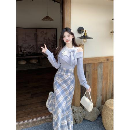 FA40344# 雾蓝小熊千金感格纹包臀半身鱼尾裙女秋假两件蓝上衣 服裝批發女裝批發服飾貨源