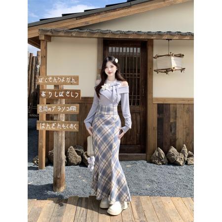FA40344# 雾蓝小熊千金感格纹包臀半身鱼尾裙女秋假两件蓝上衣 服裝批發女裝批發服飾貨源