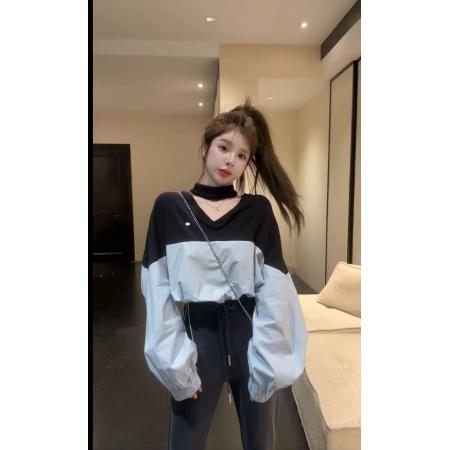 FA40345# 小众长袖拼色V领T恤宽松型上衣 服裝批發女裝批發服飾貨源