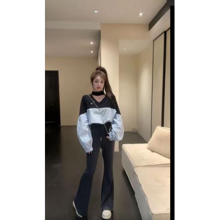 FA40345# 小众长袖拼色V领T恤宽松型上衣 服裝批發女裝批發服飾貨源