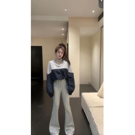 FA40345# 小众长袖拼色V领T恤宽松型上衣 服裝批發女裝批發服飾貨源