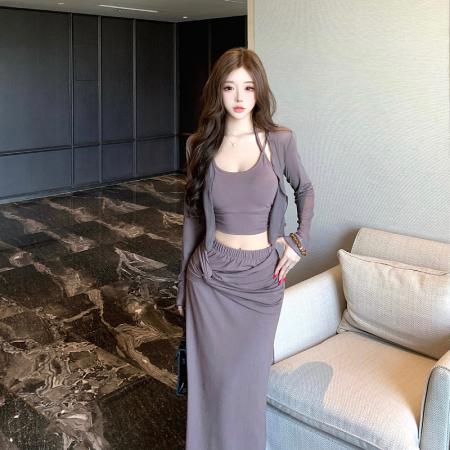 FA40346# 姐风时尚性感吊带上衣开衫早秋新款修身半身包臀长裙三件套装 服裝批發女裝批發服飾貨源