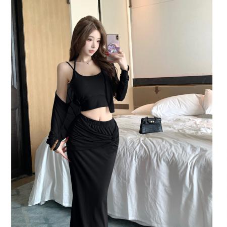 FA40346# 姐风时尚性感吊带上衣开衫早秋新款修身半身包臀长裙三件套装 服裝批發女裝批發服飾貨源