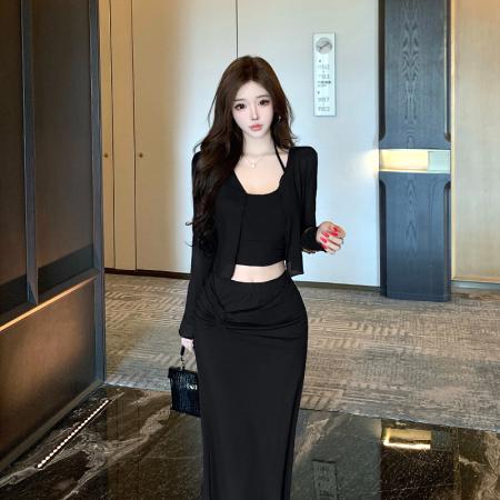 FA40346# 姐风时尚性感吊带上衣开衫早秋新款修身半身包臀长裙三件套装 服裝批發女裝批發服飾貨源
