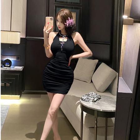 FA40347# 法式气质名媛镂空挂脖连衣裙女纯欲辣妹修身打底包臀裙小妈裙 服裝批發女裝批發服飾貨源