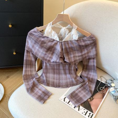 FA40348# 秋季渐变条纹蕾丝衫一字肩挂脖紧身上衣女 服裝批發女裝批發服飾貨源