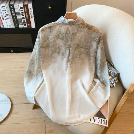 FA40349# 秋季新款吊染印花衬衫POLO领开衫中长款慵懒风 服裝批發女裝批發服飾貨源