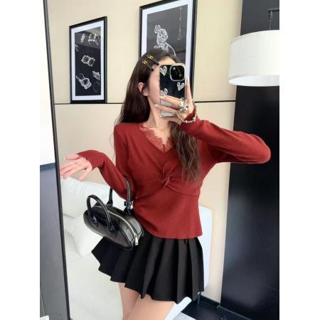 FA40351# 秋冬新款打底针织衫蕾丝拼接V领假两件上衣女修身内搭 服裝批發女裝批發服飾貨源