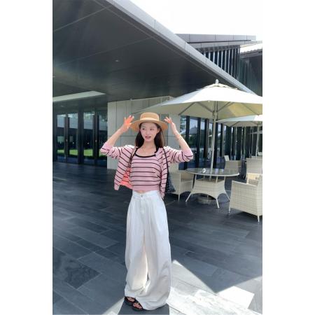 FA40353# 秋季粉黑撞色条纹针织挂脖背心八分袖开衫套装 服裝批發女裝批發服飾貨源