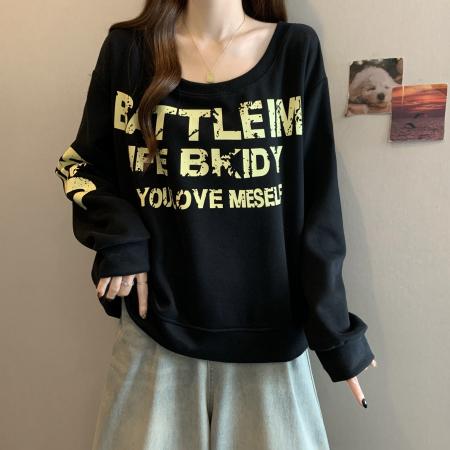 FA40354# 大码胖mm宽松秋冬新字母印花斜肩露肩长袖卫衣休闲上衣 服裝批發女裝批發服飾貨源