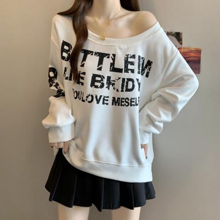 FA40354# 大码胖mm宽松秋冬新字母印花斜肩露肩长袖卫衣休闲上衣 服裝批發女裝批發服飾貨源
