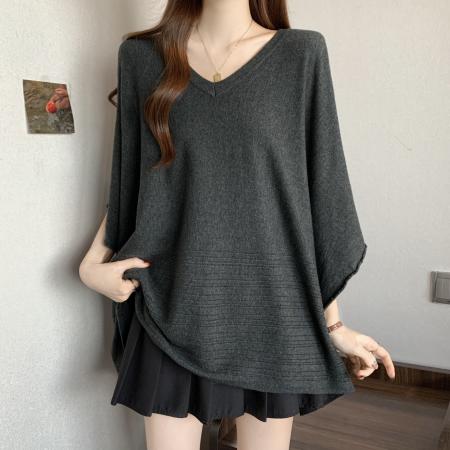 FA40355# 早秋新款V领斗篷披肩女微胖宽松显瘦慵懒风毛衣女外套 服裝批發女裝批發服飾貨源