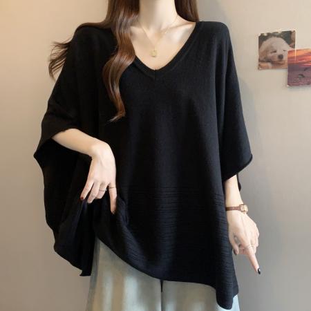 FA40355# 早秋新款V领斗篷披肩女微胖宽松显瘦慵懒风毛衣女外套 服裝批發女裝批發服飾貨源