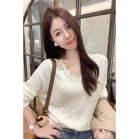 FA40360# 韩系早秋穿搭麻花米白色v领套头毛衣女外穿内搭针织衫上衣 服裝批發女裝批發服飾貨源