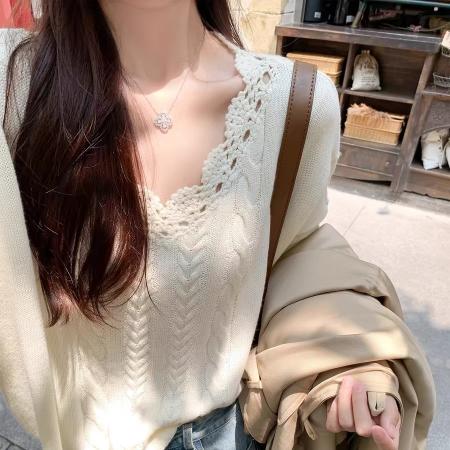 FA40360# 韩系早秋穿搭麻花米白色v领套头毛衣女外穿内搭针织衫上衣 服裝批發女裝批發服飾貨源