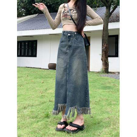 FA40362# 大码女装秋季时髦流苏高腰设计感a字开叉复古牛仔半身长裙 服裝批發女裝批發服飾貨源