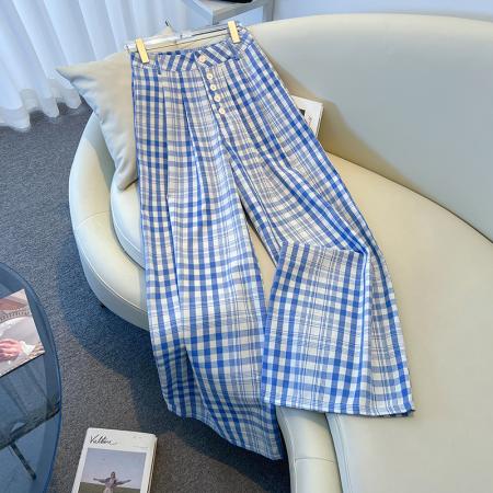 FA40365# 复古风蓝色格纹阔腿休闲裤女新款春季高级感垂感 服裝批發女裝批發服飾貨源