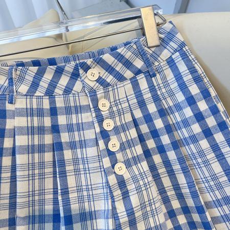 FA40365# 复古风蓝色格纹阔腿休闲裤女新款春季高级感垂感 服裝批發女裝批發服飾貨源
