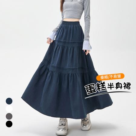 FA40369# 压褶拼接蛋糕半身裙女秋季高腰显瘦中长款蓬蓬裙大摆伞裙 服裝批發女裝批發服飾貨源