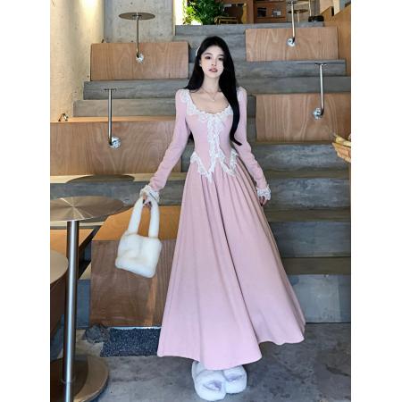 FA40371# 秋冬新款甜美减龄气质蕾丝花边拼接显瘦中长款连衣裙 服裝批發女裝批發服飾貨源