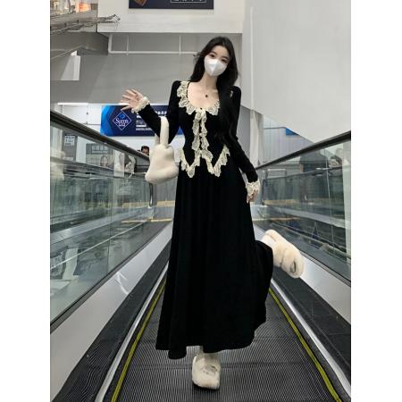 FA40371# 秋冬新款甜美减龄气质蕾丝花边拼接显瘦中长款连衣裙 服裝批發女裝批發服飾貨源