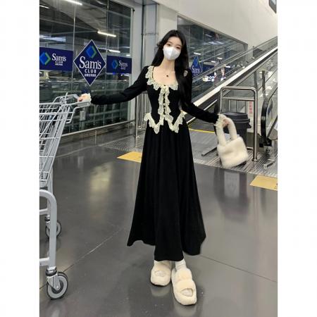 FA40371# 秋冬新款甜美减龄气质蕾丝花边拼接显瘦中长款连衣裙 服裝批發女裝批發服飾貨源