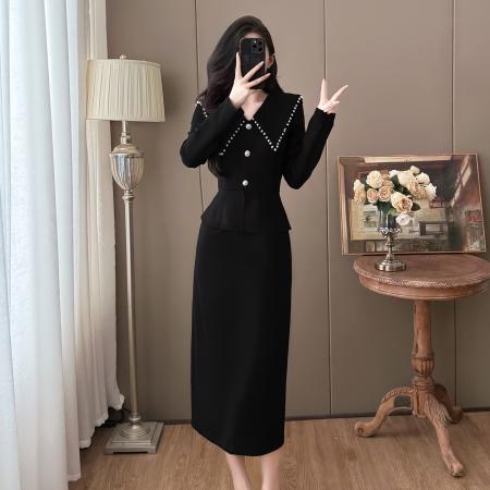 FA40372# 秋冬大码时尚法式翻领复古钉珠气质赫本风连衣裙 服裝批發女裝批發服飾貨源