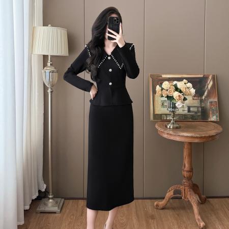 FA40372# 秋冬大码时尚法式翻领复古钉珠气质赫本风连衣裙 服裝批發女裝批發服飾貨源
