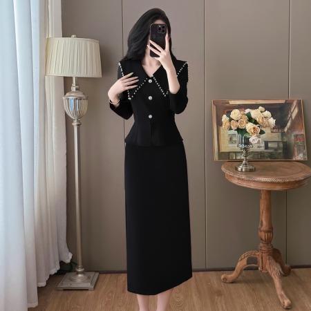 FA40372# 秋冬大码时尚法式翻领复古钉珠气质赫本风连衣裙 服裝批發女裝批發服飾貨源
