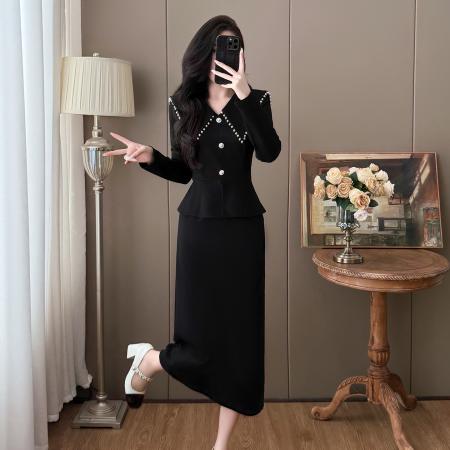 FA40372# 秋冬大码时尚法式翻领复古钉珠气质赫本风连衣裙 服裝批發女裝批發服飾貨源