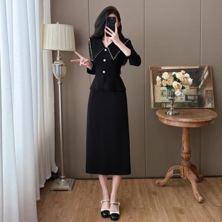 FA40372# 秋冬大码时尚法式翻领复古钉珠气质赫本风连衣裙 服裝批發女裝批發服飾貨源