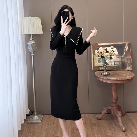 FA40375# 秋冬大码时尚翻领钉珠重工气质显瘦赫本风连衣裙 服裝批發女裝批發服飾貨源